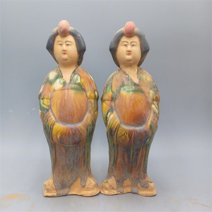 Vintage Collectible Pottery - 古いコレクション唐三彩塗装女性像像ペアアンティーク模造コレクションヴィンテージ中国レアアート装飾
