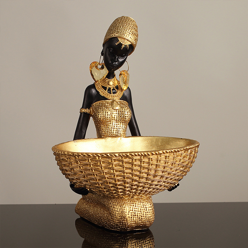 Vintage Collectible Furniture - アフリカの少女が皿を抱えた彫刻像、ホームオフィス装飾収納オーナメント、ヴィンテージコレクタブル樹脂工芸品、デスク装飾トレイ