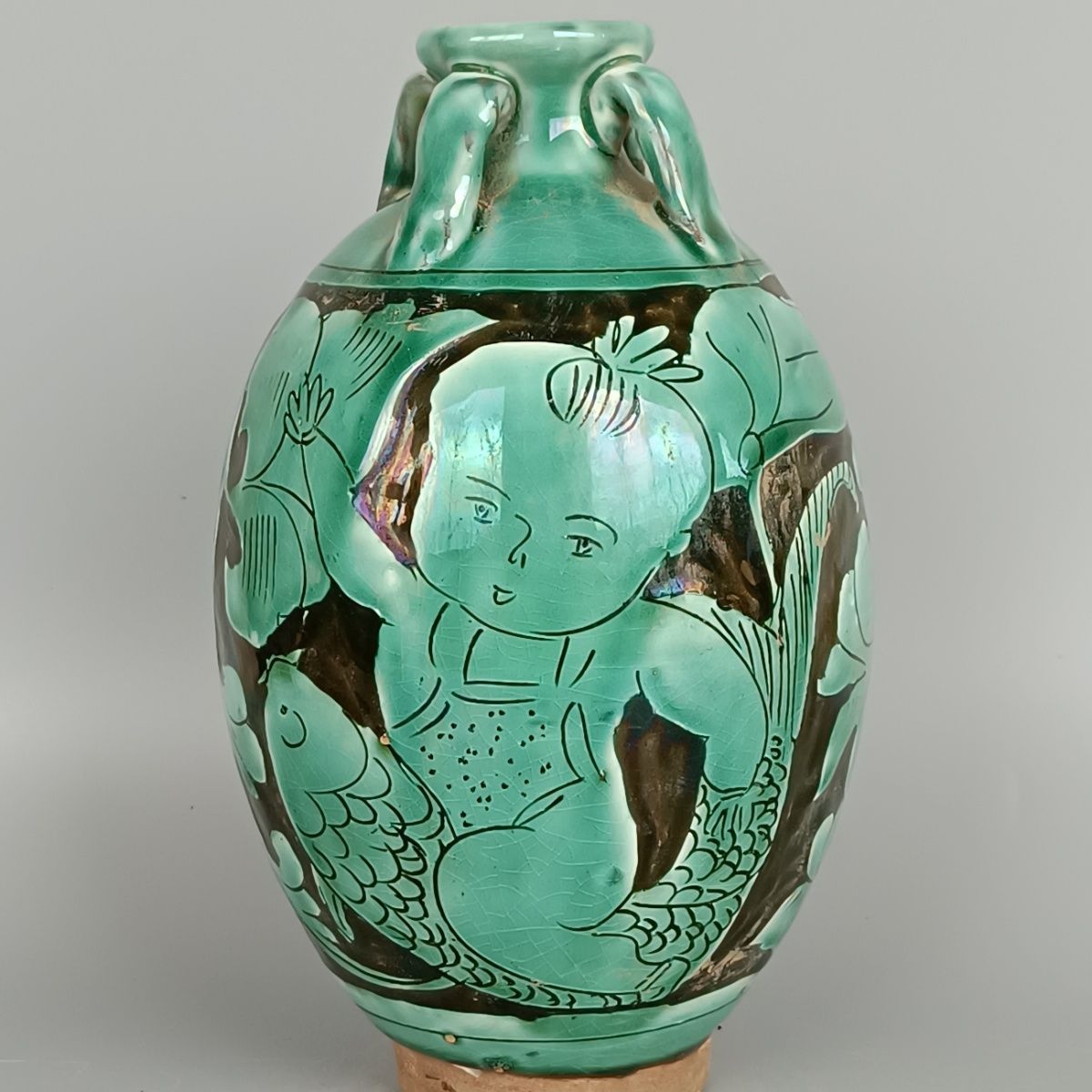 Vintage Collectible Pottery - アンティークヴィンテージ宋王朝磁州窯緑釉ベビーパターン四口花瓶古い磁器古いコレクション装飾彫刻