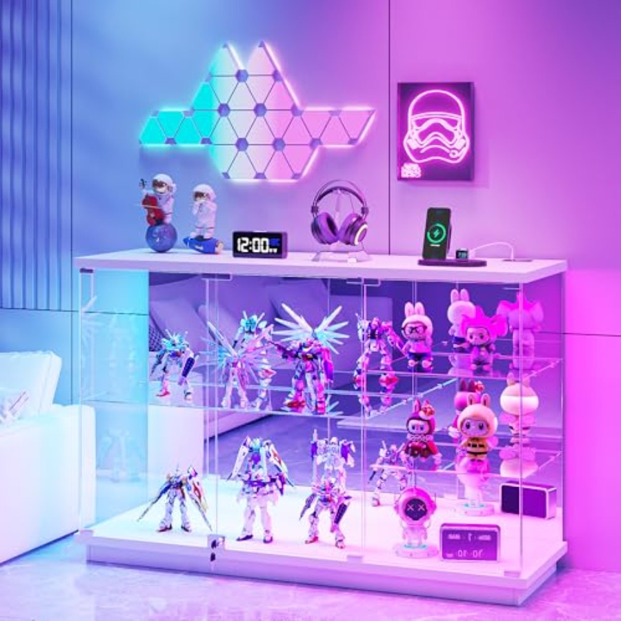 Collectible Collection - RGBガラスディスプレイキャビネット（コレクション用、鍵付き）：白い強化ガラス、LED照明、安全なロック機構、モダンなデザイン