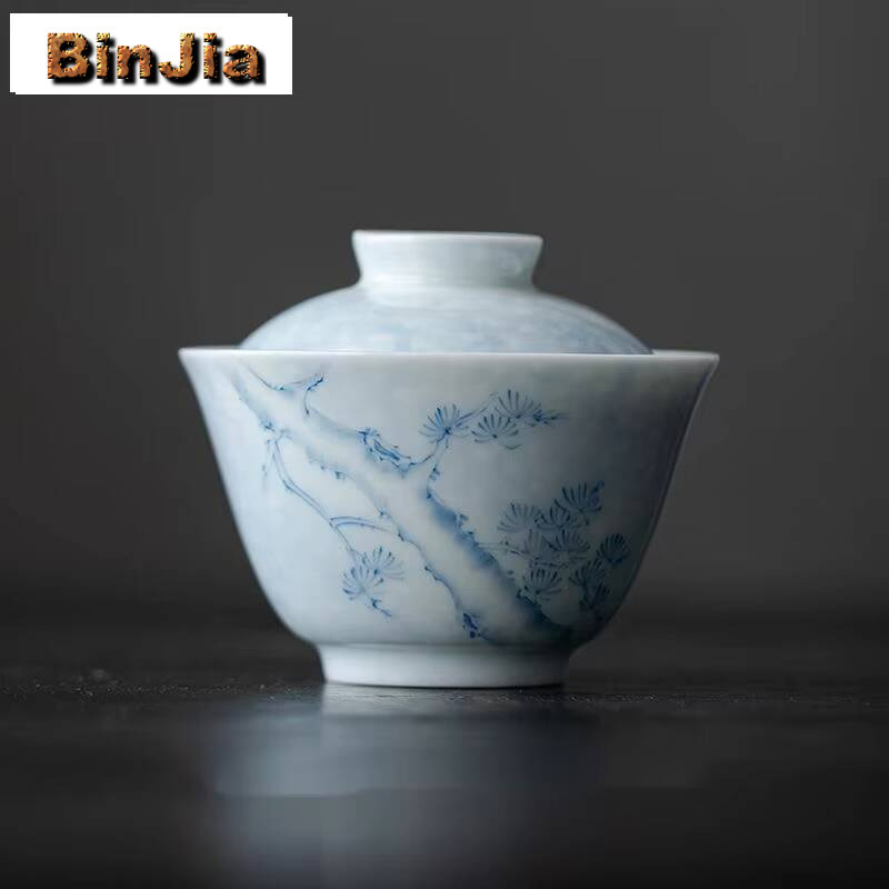 Vintage Collectible Items - 100ml 手描き松模様蓋付きボウル 家庭用白磁蓋碗 ブティックティーポット ヴィンテージカップ アイテムコレクション
