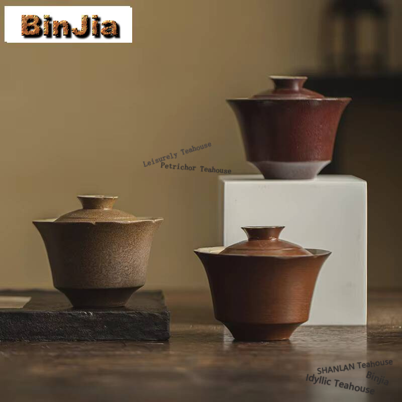 Vintage Collectible Pottery - 手作りのラフセラミックカバーボウル,日本の花の口,gaiwan,ヴィンテージティーtureen,ティー醸造,zisha,ティーセット,コレクションギフト,140ml
