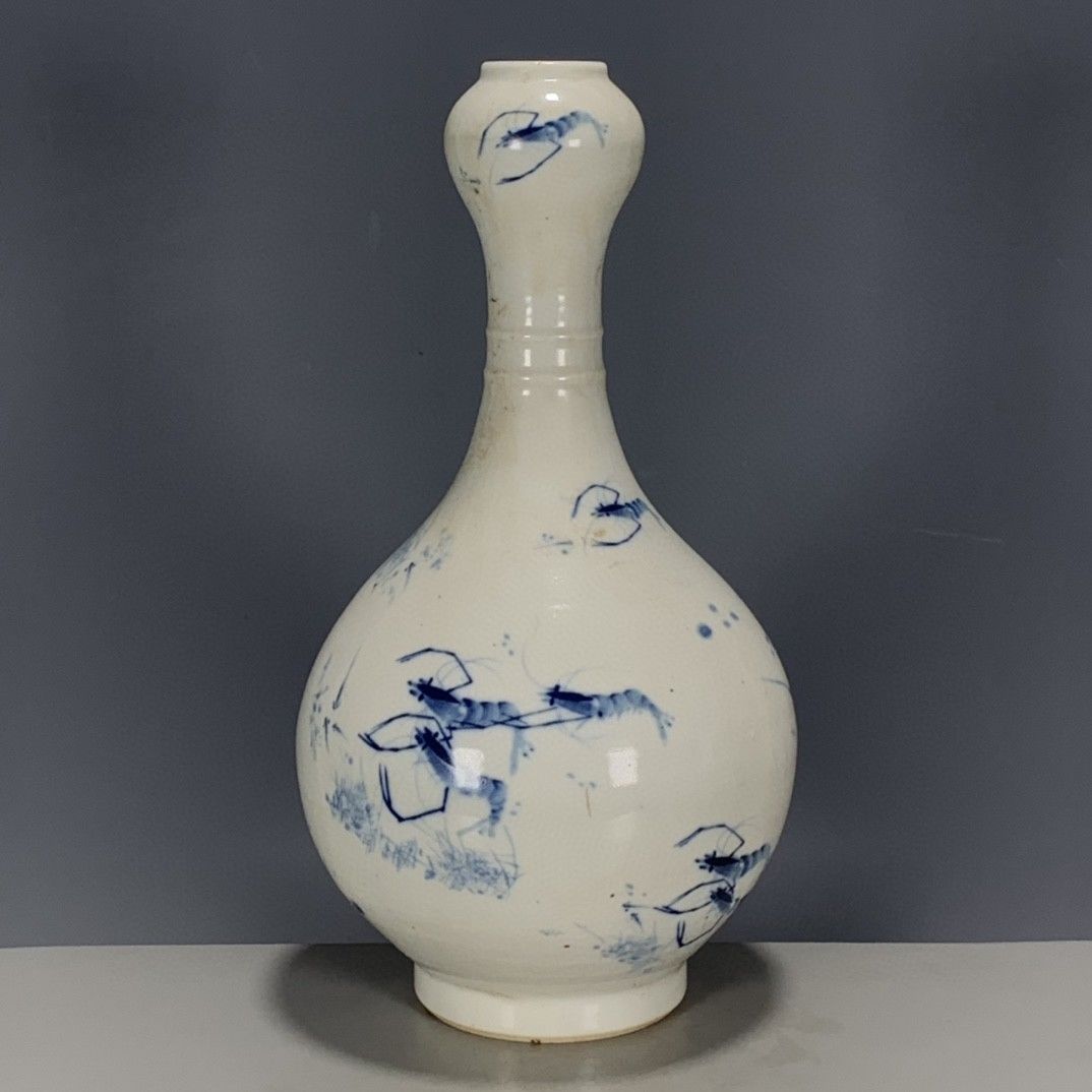 紅仙王朝風下絵付け青白ニンニク頭型花瓶手描きエビ柄ヴィンテー - Vintage Collectible Pottery のレビューと価格